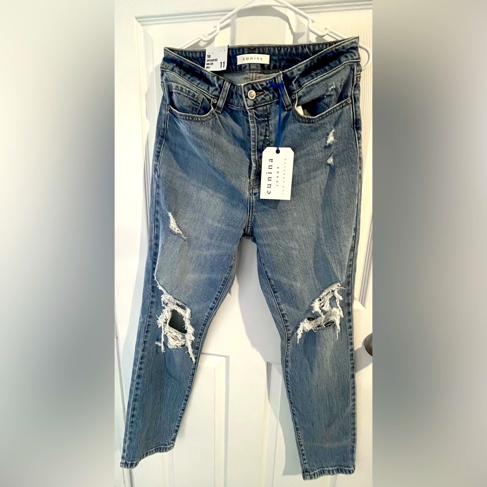 Eunina Blue Mom Jeans Super High Rise Distressed Details size 11